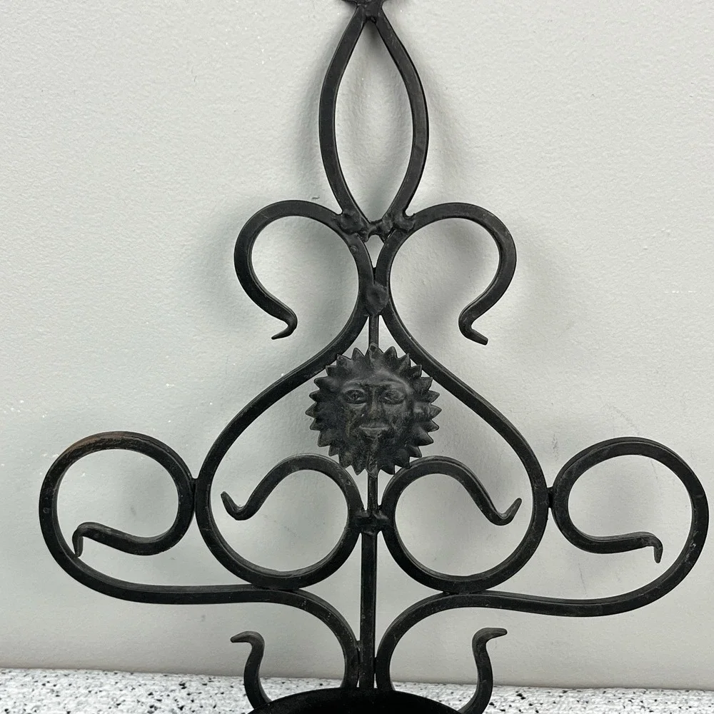 Vintage Black‎ Metal Celestial Sun Wall Sconce Candle Holder Whimsy Gothic